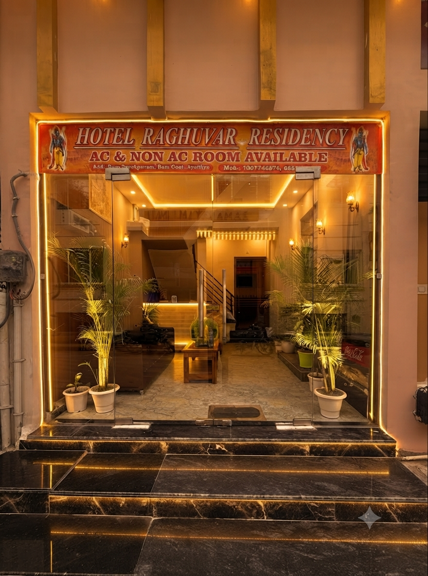 Hotel Raghuvar Residency, Ayodhya — hotel exterior at dusk